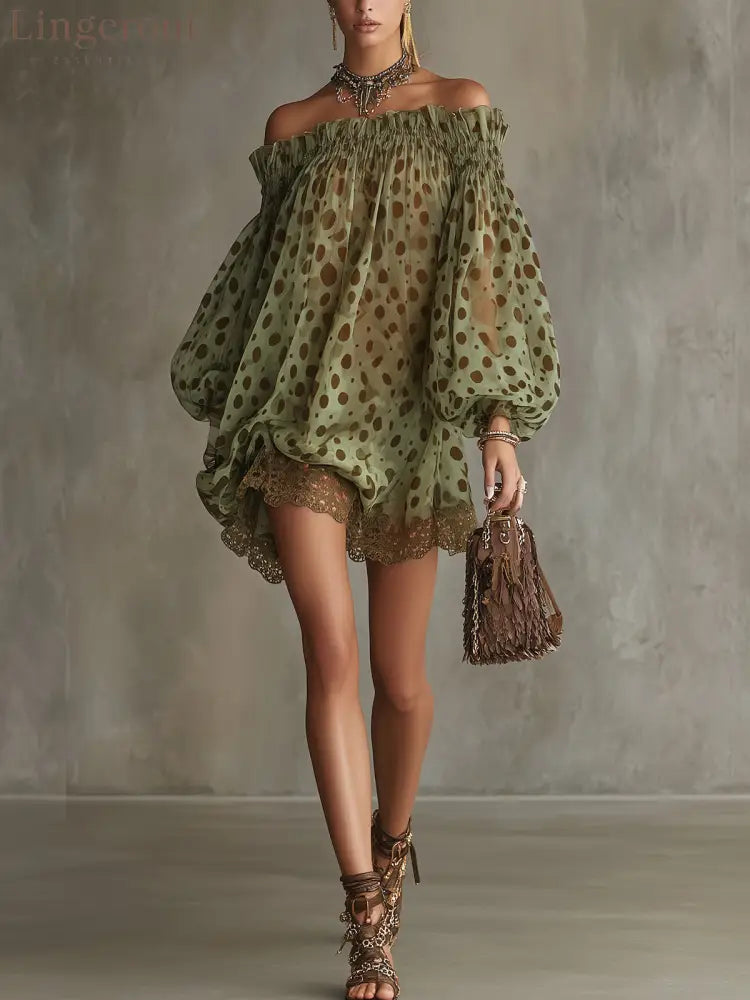 Women Off‑Shoulder Puff Long Sleeve Polka Dot Chiffon Mini Dress - Long Sleeve Mini Dress