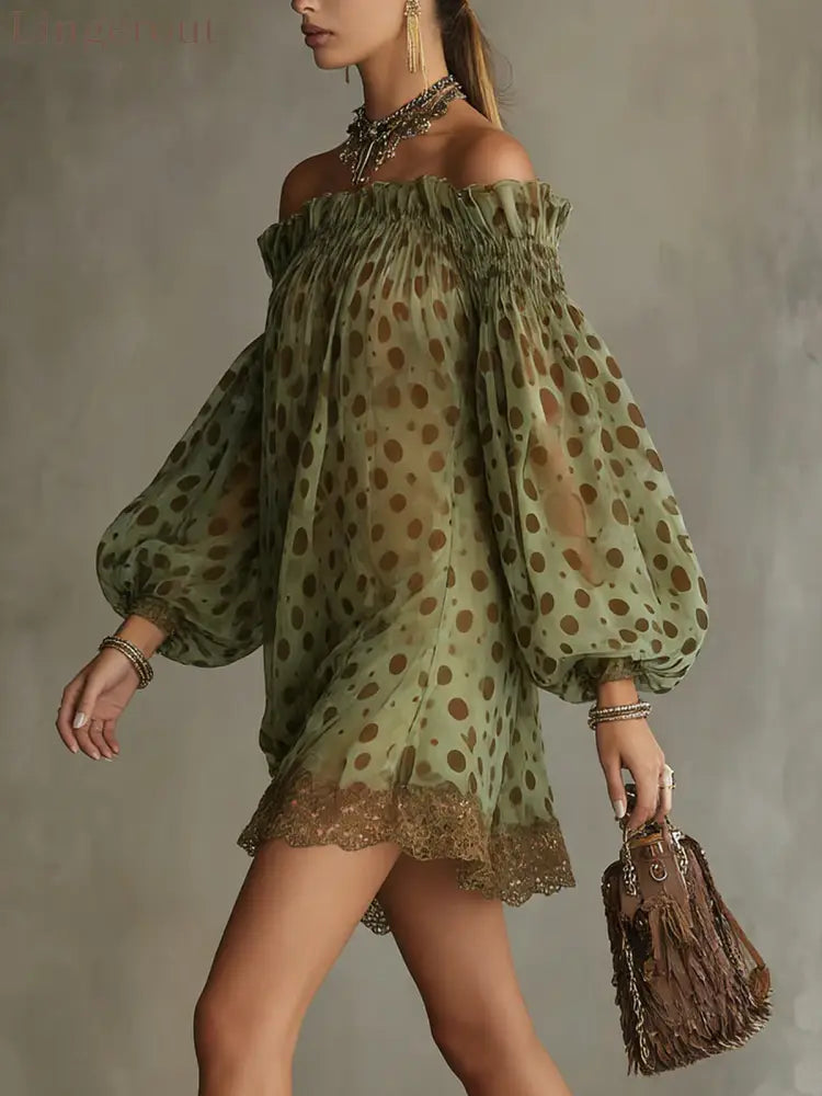 Women Off‑Shoulder Puff Long Sleeve Polka Dot Chiffon Mini Dress - Long Sleeve Mini Dress
