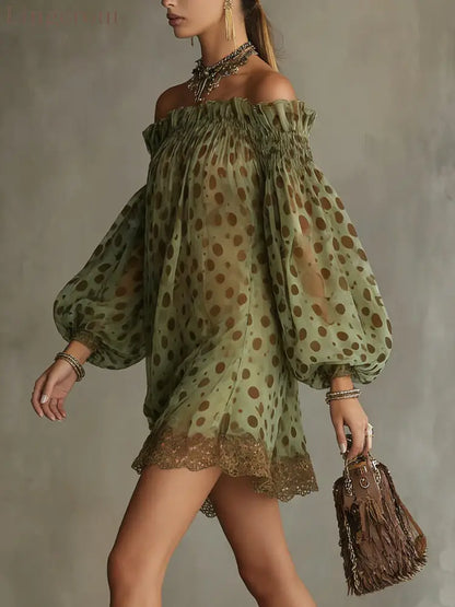 Women Off‑Shoulder Puff Long Sleeve Polka Dot Chiffon Mini Dress - Long Sleeve Mini Dress