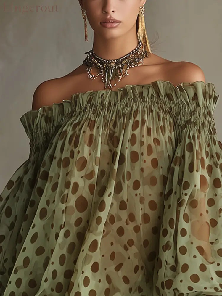 Women Off‑Shoulder Puff Long Sleeve Polka Dot Chiffon Mini Dress - Long Sleeve Mini Dress