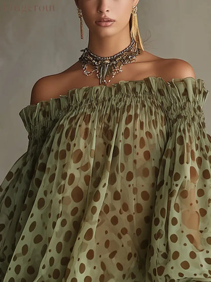 Women Off‑Shoulder Puff Long Sleeve Polka Dot Chiffon Mini Dress - Long Sleeve Mini Dress