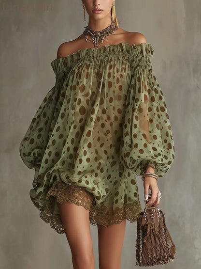 Women Off‑Shoulder Puff Long Sleeve Polka Dot Chiffon Mini Dress - Olive Green / XS - Long Sleeve Mini Dress