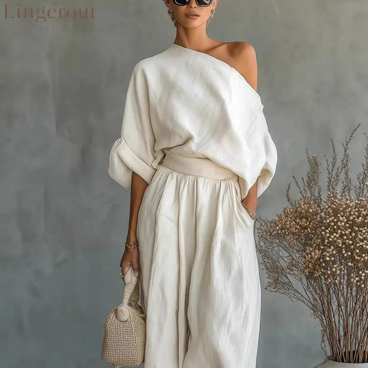 Women One Shoulder Linen Two Piece Outfit Oversized Roll Sleeve Top