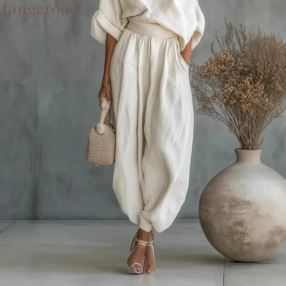 Women One Shoulder Linen Two Piece Outfit Oversized Roll Sleeve Top