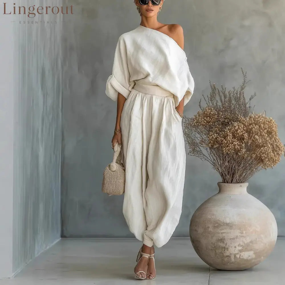 Women One Shoulder Linen Two Piece Outfit Oversized Roll Sleeve Top - White / S