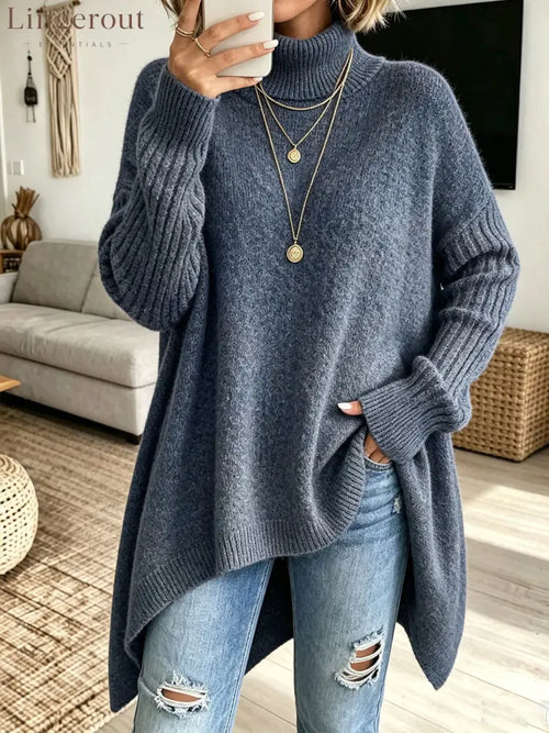 Women Oversized Turtleneck Asymmetric Hem Loose Knit Sweater - Blue / S