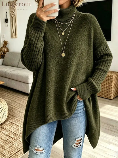 Women Oversized Turtleneck Asymmetric Hem Loose Knit Sweater - Green / S