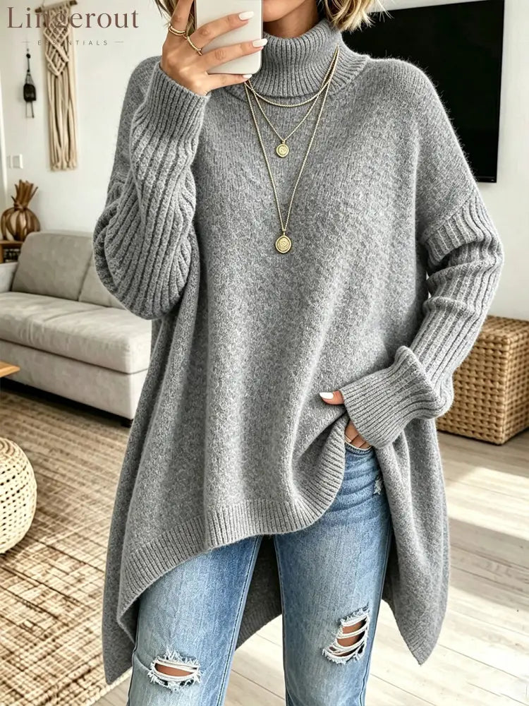 Women Oversized Turtleneck Asymmetric Hem Loose Knit Sweater - Grey / S
