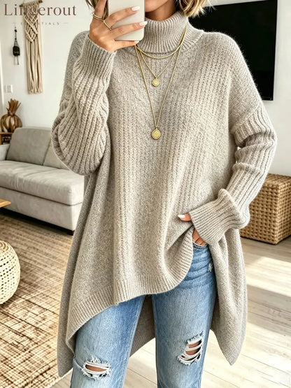 Women Oversized Turtleneck Asymmetric Hem Loose Knit Sweater - Khaki / S