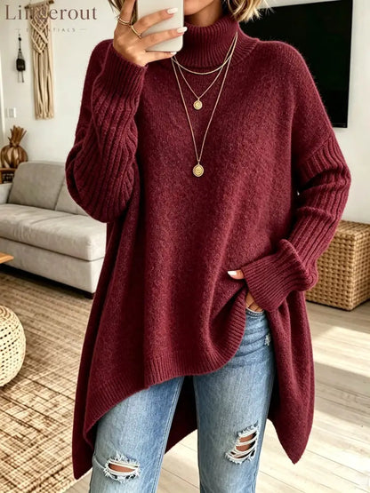Women Oversized Turtleneck Asymmetric Hem Loose Knit Sweater - Red / S