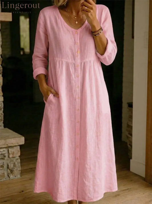 Women Plain Spring/Fall Dress Long Sleeve A-Line Dress - Pink / S