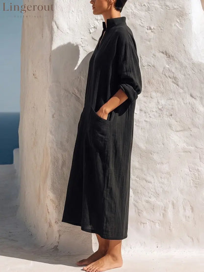 Women Premium Cotton Linen Loose Midi Dress - Dress