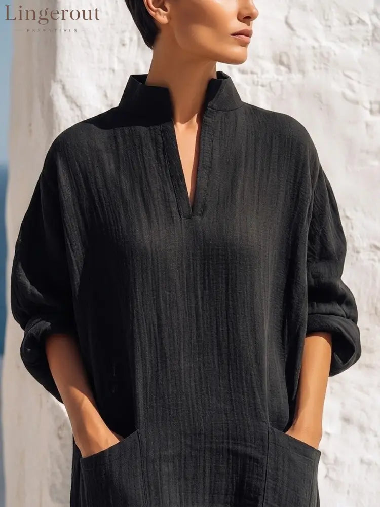 Women Premium Cotton Linen Loose Midi Dress - Dress