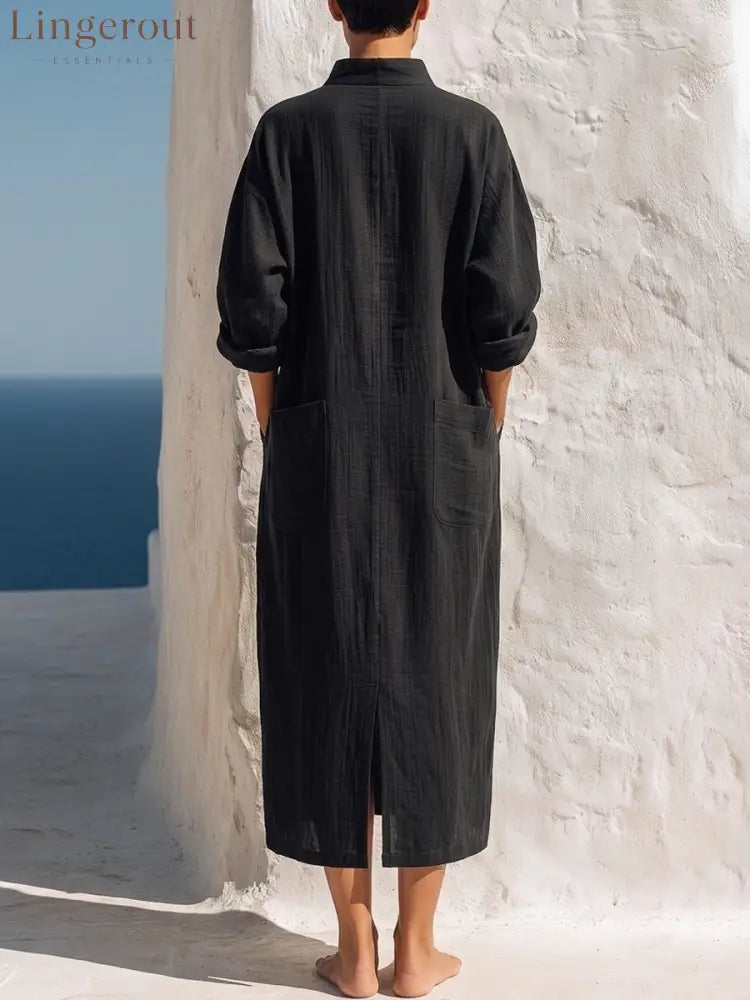 Women Premium Cotton Linen Loose Midi Dress - Dress
