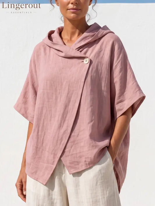 Women Premium Cotton Linen Wrap Blouse Hooded Cowl Neck Short Sleeve Asymmetric Hem Loose Casual Vacation Top - Pink