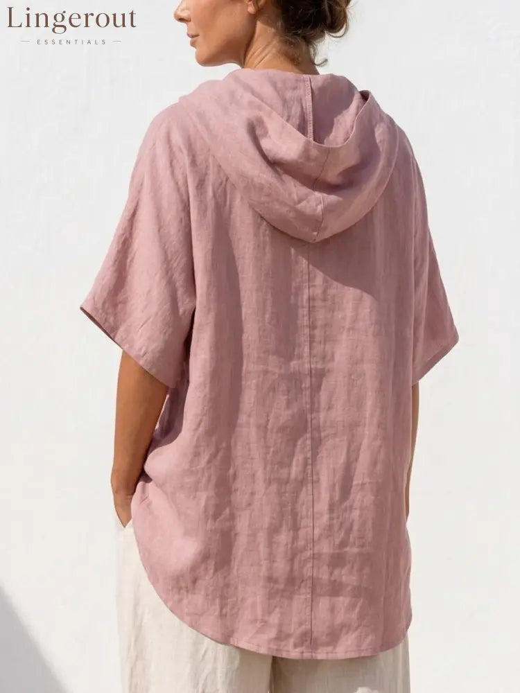 Women Premium Cotton Linen Wrap Blouse Hooded Cowl Neck Short Sleeve Asymmetric Hem Loose Casual Vacation Top - Shirts