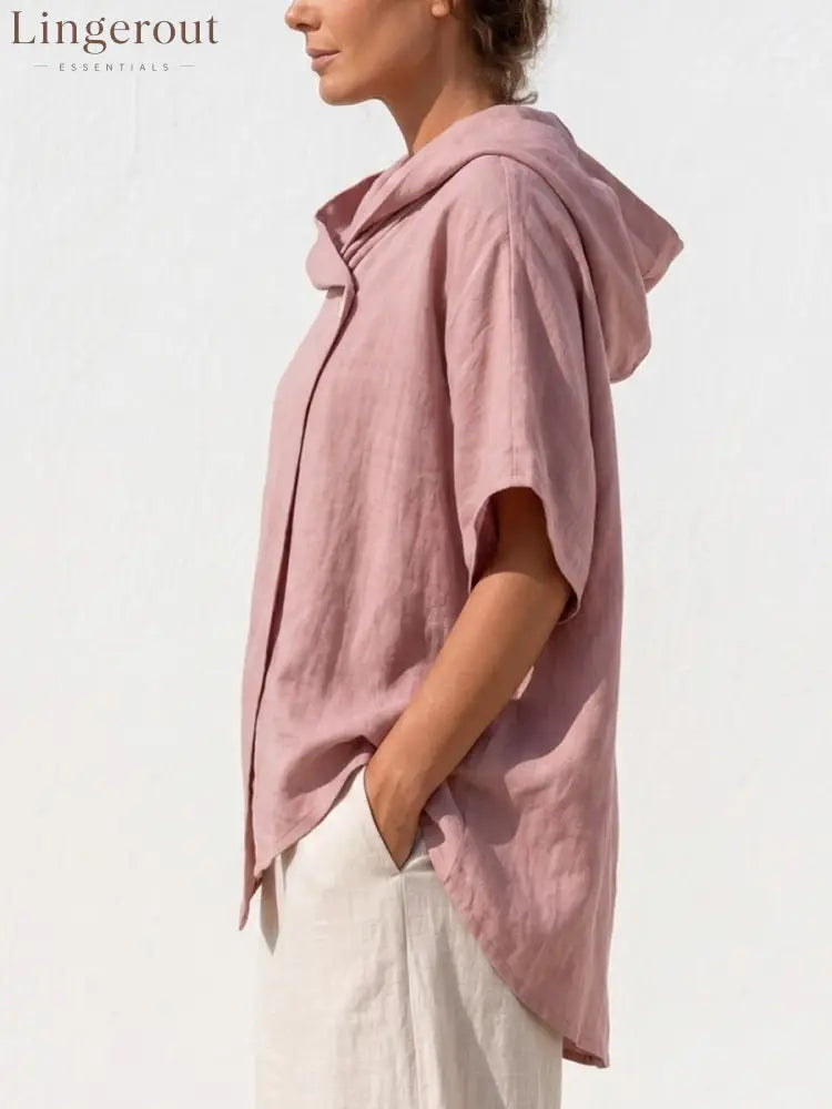 Women Premium Cotton Linen Wrap Blouse Hooded Cowl Neck Short Sleeve Asymmetric Hem Loose Casual Vacation Top - Shirts