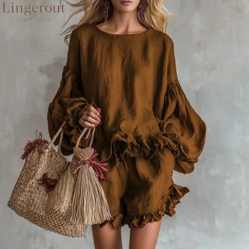 Women Ruffle Lantern Sleeve Top & Ruffle Shorts Linen Two‑Piece Matching Set
