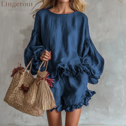 Women Ruffle Lantern Sleeve Top & Ruffle Shorts Linen Two‑Piece Matching Set