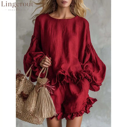 Women Ruffle Lantern Sleeve Top & Ruffle Shorts Linen Two‑Piece Matching Set