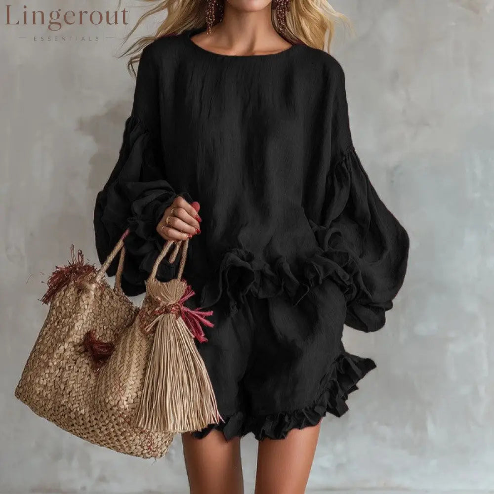Women Ruffle Lantern Sleeve Top & Ruffle Shorts Linen Two‑Piece Matching Set