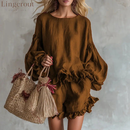 Women Ruffle Lantern Sleeve Top & Ruffle Shorts Linen Two‑Piece Matching Set - dark brown / S