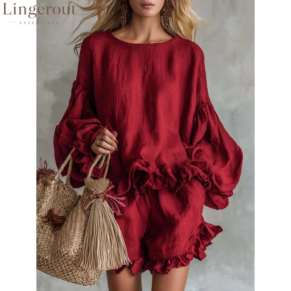 Women Ruffle Lantern Sleeve Top & Ruffle Shorts Linen Two‑Piece Matching Set - red / S