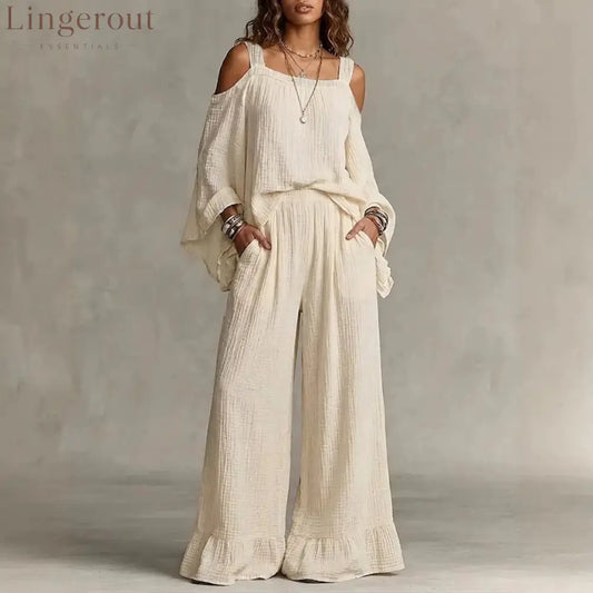 Women Solid Textured Cold Shoulder Batwing Top Elastic Waist Ruffle Wide Leg Pants Matching Set