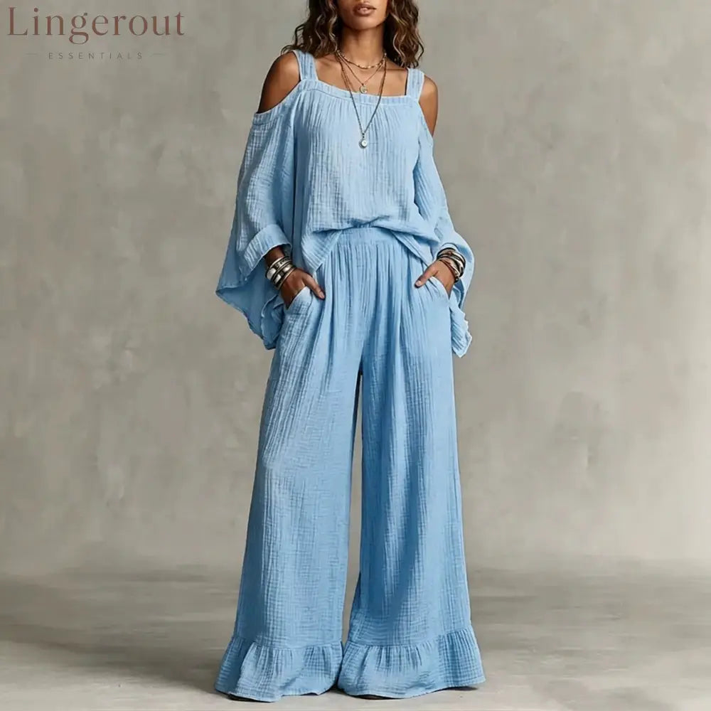 Women Solid Textured Cold Shoulder Batwing Top Elastic Waist Ruffle Wide Leg Pants Matching Set