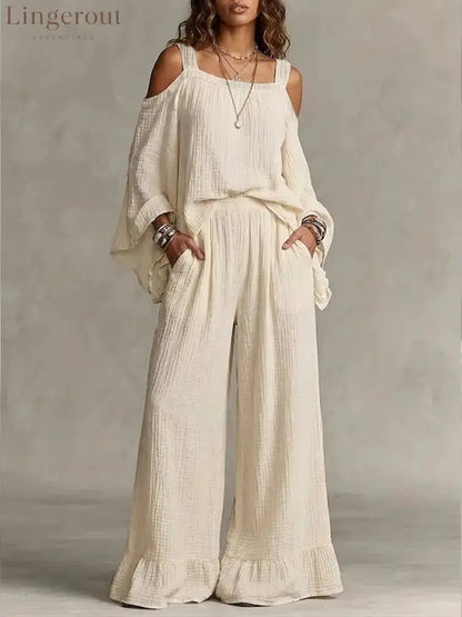 Women Solid Textured Cold Shoulder Batwing Top Elastic Waist Ruffle Wide Leg Pants Matching Set - Apricot / S