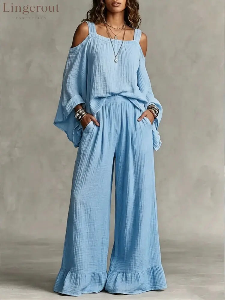 Women Solid Textured Cold Shoulder Batwing Top Elastic Waist Ruffle Wide Leg Pants Matching Set - Sky blue / S