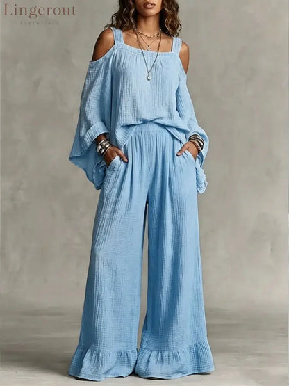 Women Solid Textured Cold Shoulder Batwing Top Elastic Waist Ruffle Wide Leg Pants Matching Set - Sky blue / S