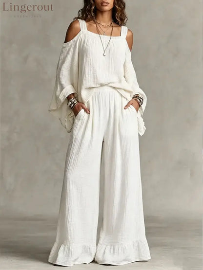 Women Solid Textured Cold Shoulder Batwing Top Elastic Waist Ruffle Wide Leg Pants Matching Set - White / S