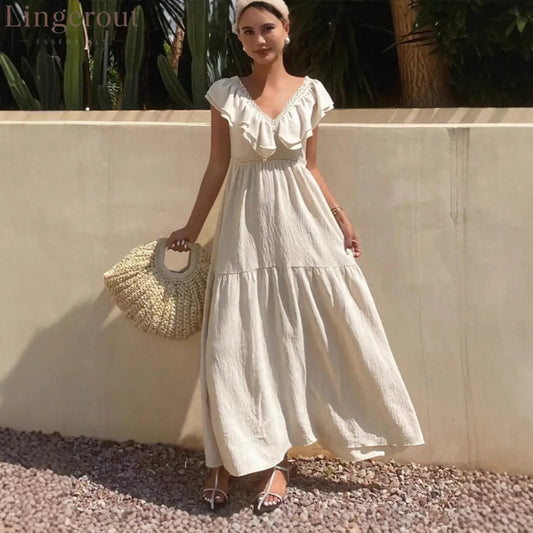 Women Solid V Neck Flutter Sleeve Loose Tiered Flowy Maxi Dress For Summer Vacation