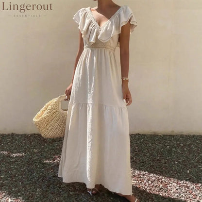 Women Solid V Neck Flutter Sleeve Loose Tiered Flowy Maxi Dress For Summer Vacation