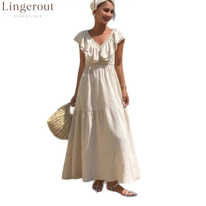 Women Solid V Neck Flutter Sleeve Loose Tiered Flowy Maxi Dress For Summer Vacation