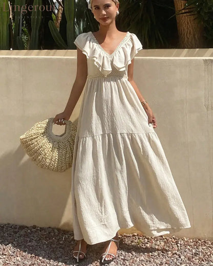 Women Solid V Neck Flutter Sleeve Loose Tiered Flowy Maxi Dress For Summer Vacation - Apricot / S