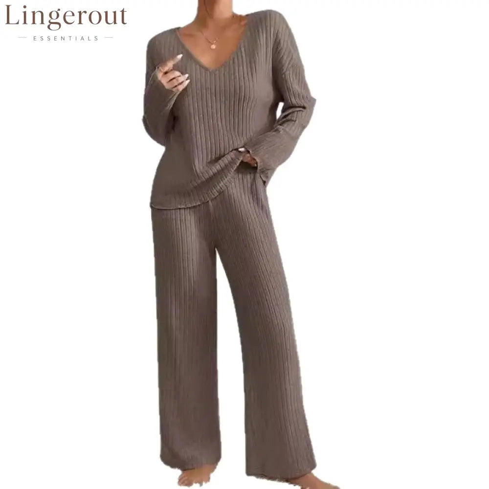 Women Solid V Neck Vertical Ribbed Knit Long Sleeve Relaxed Top Elastic Waist Wide Leg Casual Loungewear Co-ord Set