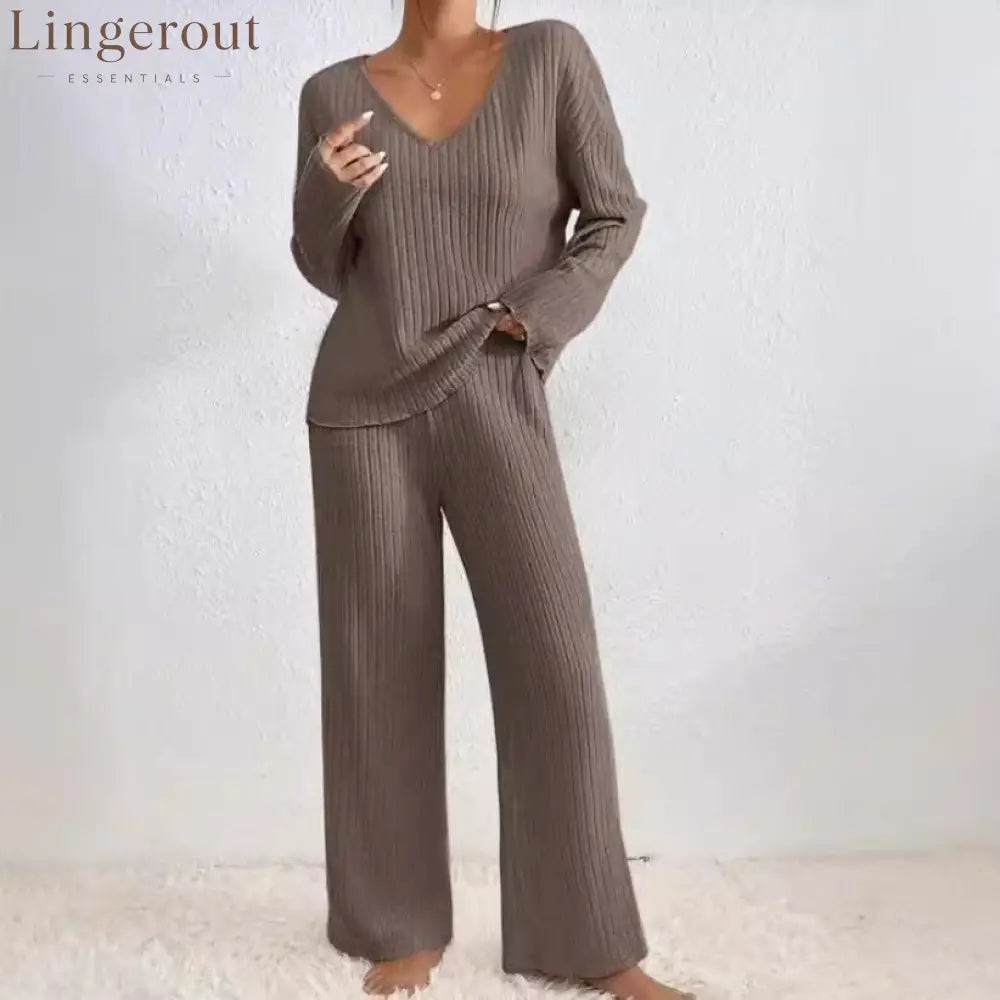 Women Solid V Neck Vertical Ribbed Knit Long Sleeve Relaxed Top Elastic Waist Wide Leg Casual Loungewear Co-ord Set