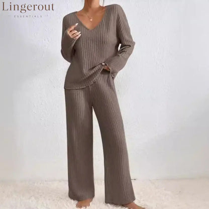 Women Solid V Neck Vertical Ribbed Knit Long Sleeve Relaxed Top Elastic Waist Wide Leg Casual Loungewear Co-ord Set