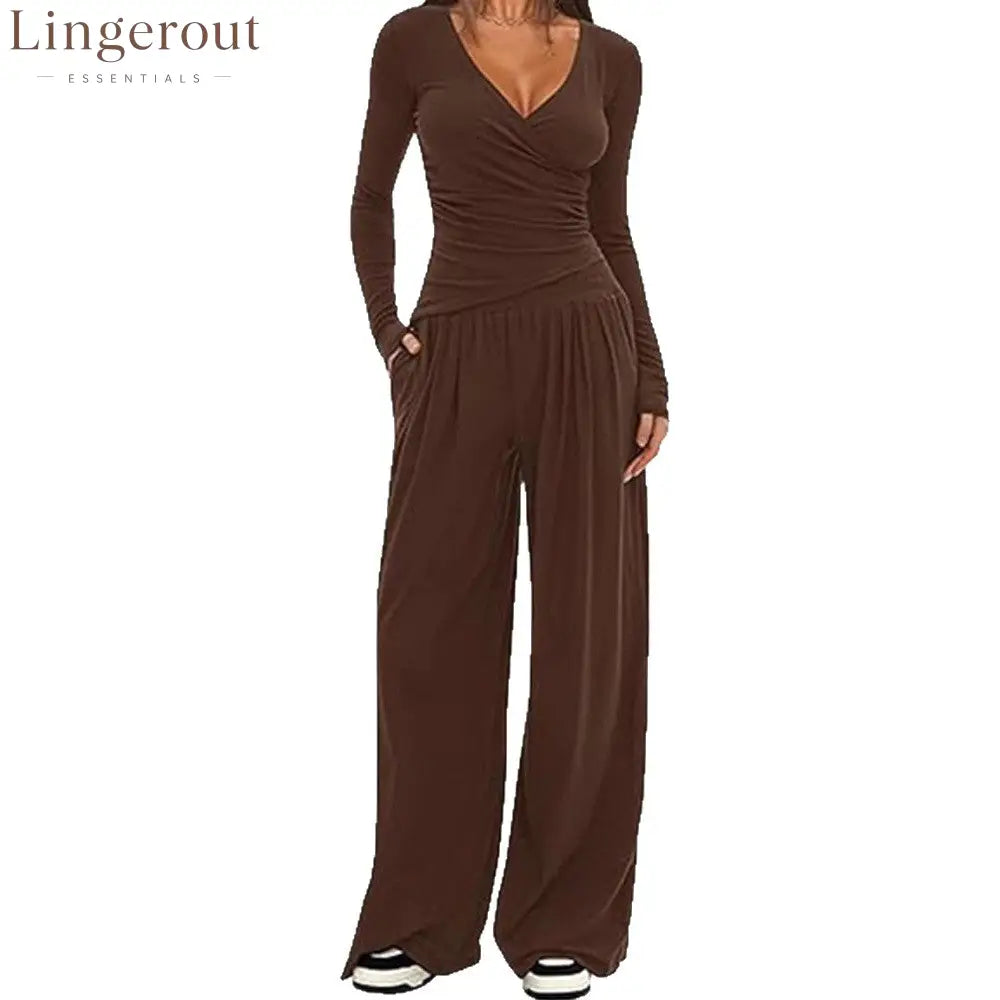 Women Solid Wrap V Neck Ruched Long Sleeve Top Elastic High Waist Pocket Wide Leg Casual Loungewear Co-ord Set