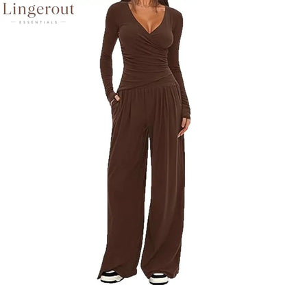 Women Solid Wrap V Neck Ruched Long Sleeve Top Elastic High Waist Pocket Wide Leg Casual Loungewear Co-ord Set