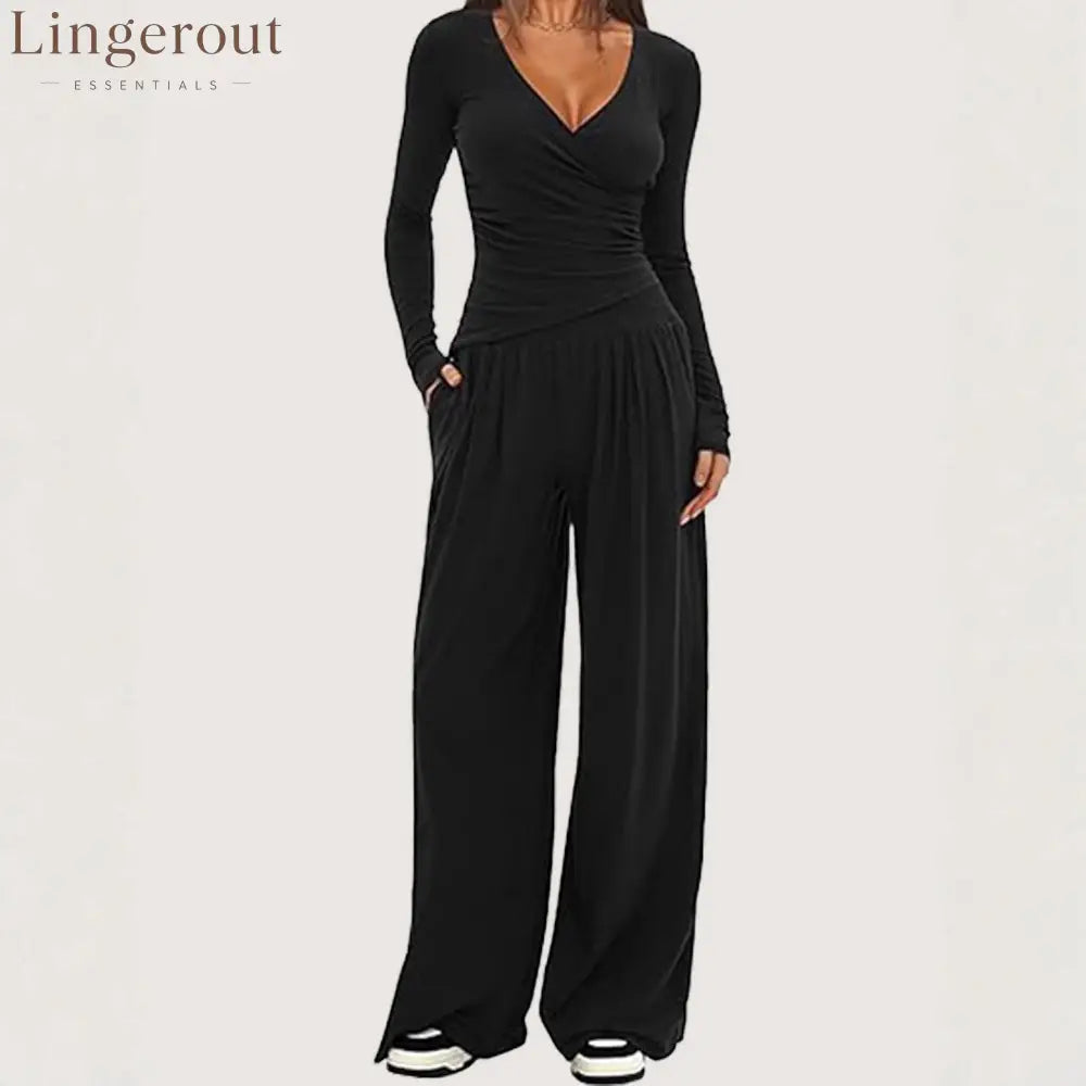 Women Solid Wrap V Neck Ruched Long Sleeve Top Elastic High Waist Pocket Wide Leg Casual Loungewear Co-ord Set