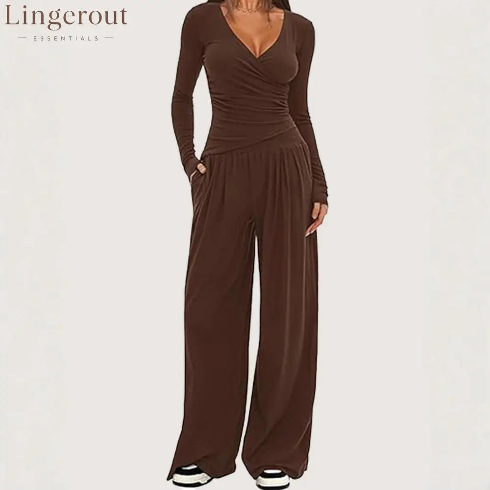 Women Solid Wrap V Neck Ruched Long Sleeve Top Elastic High Waist Pocket Wide Leg Casual Loungewear Co-ord Set