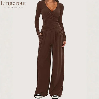 Women Solid Wrap V Neck Ruched Long Sleeve Top Elastic High Waist Pocket Wide Leg Casual Loungewear Co-ord Set
