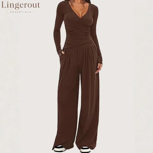 Women Solid Wrap V Neck Ruched Long Sleeve Top Elastic High Waist Pocket Wide Leg Casual Loungewear Co-ord Set