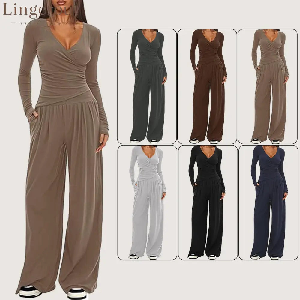 Women Solid Wrap V Neck Ruched Long Sleeve Top Elastic High Waist Pocket Wide Leg Casual Loungewear Co-ord Set