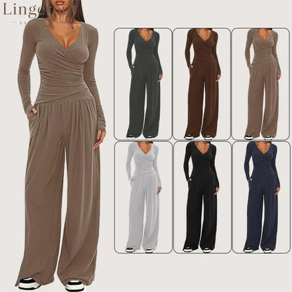 Women Solid Wrap V Neck Ruched Long Sleeve Top Elastic High Waist Pocket Wide Leg Casual Loungewear Co-ord Set