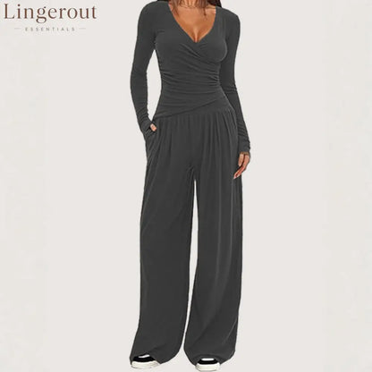Women Solid Wrap V Neck Ruched Long Sleeve Top Elastic High Waist Pocket Wide Leg Casual Loungewear Co-ord Set