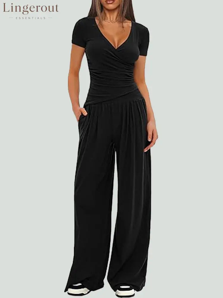 Women Solid Wrap V Neck Ruched Long Sleeve Top Elastic High Waist Pocket Wide Leg Casual Loungewear Co-ord Set - Black